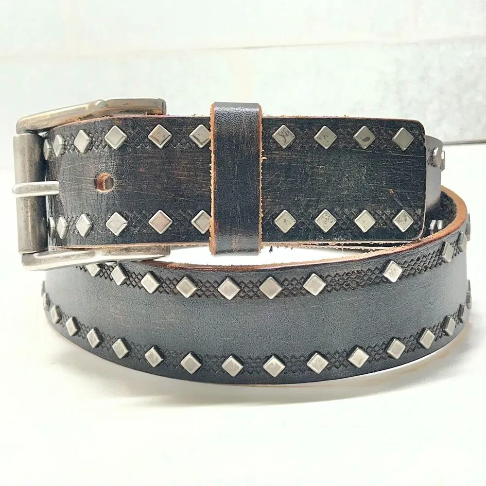 Vtg Calvin Klein Studded Brown Leather Distressed Womens Belt Size M L 34-38
